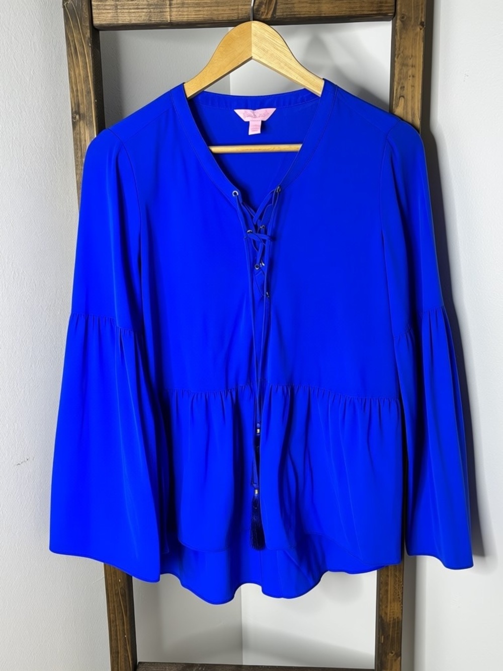 Lilly Pulitzer Milan Blue Lace Up Peasant Blouse Size S